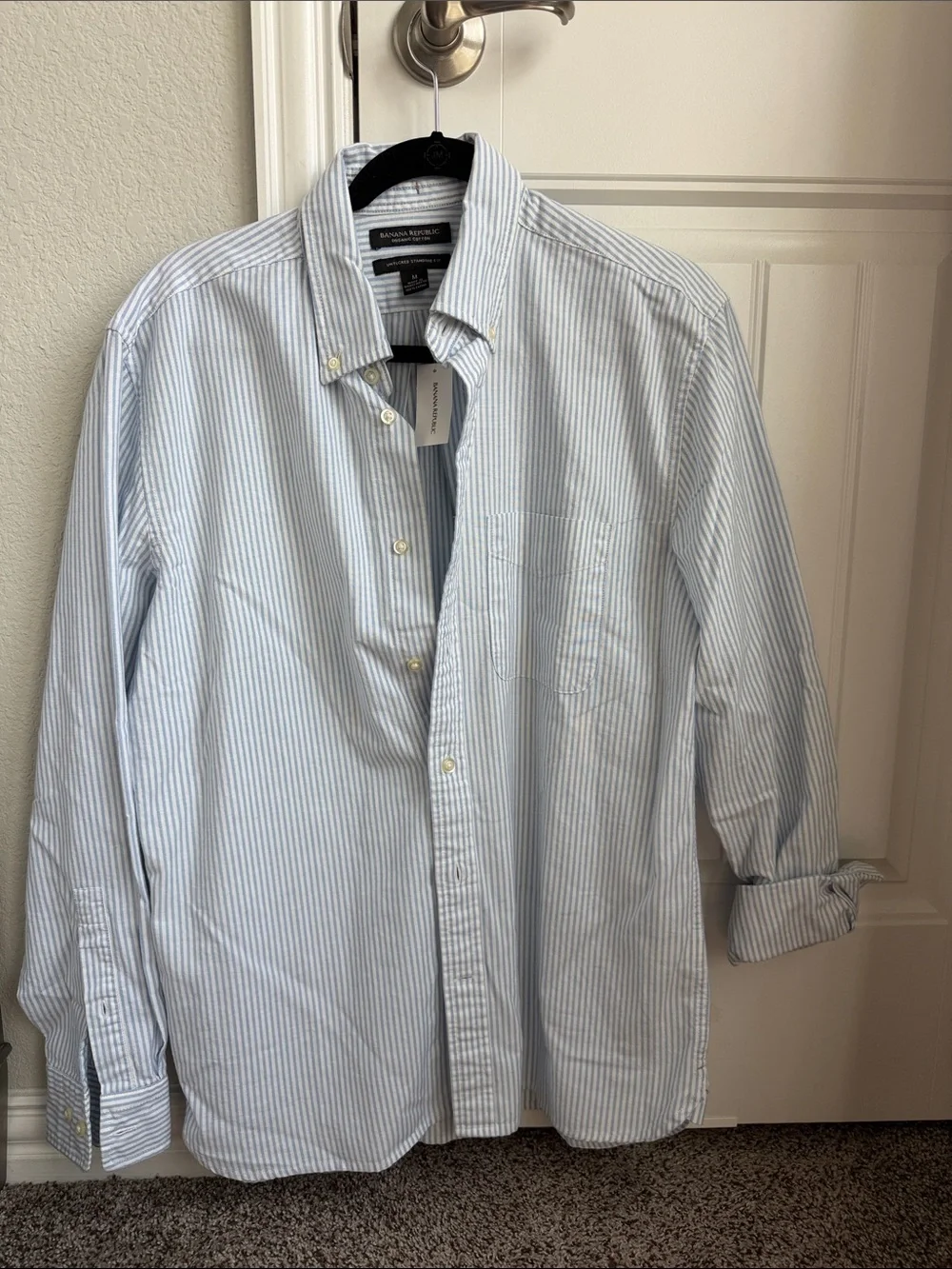 Banana Republic Men’s Light Blue and White Striped Button-Down Shirt